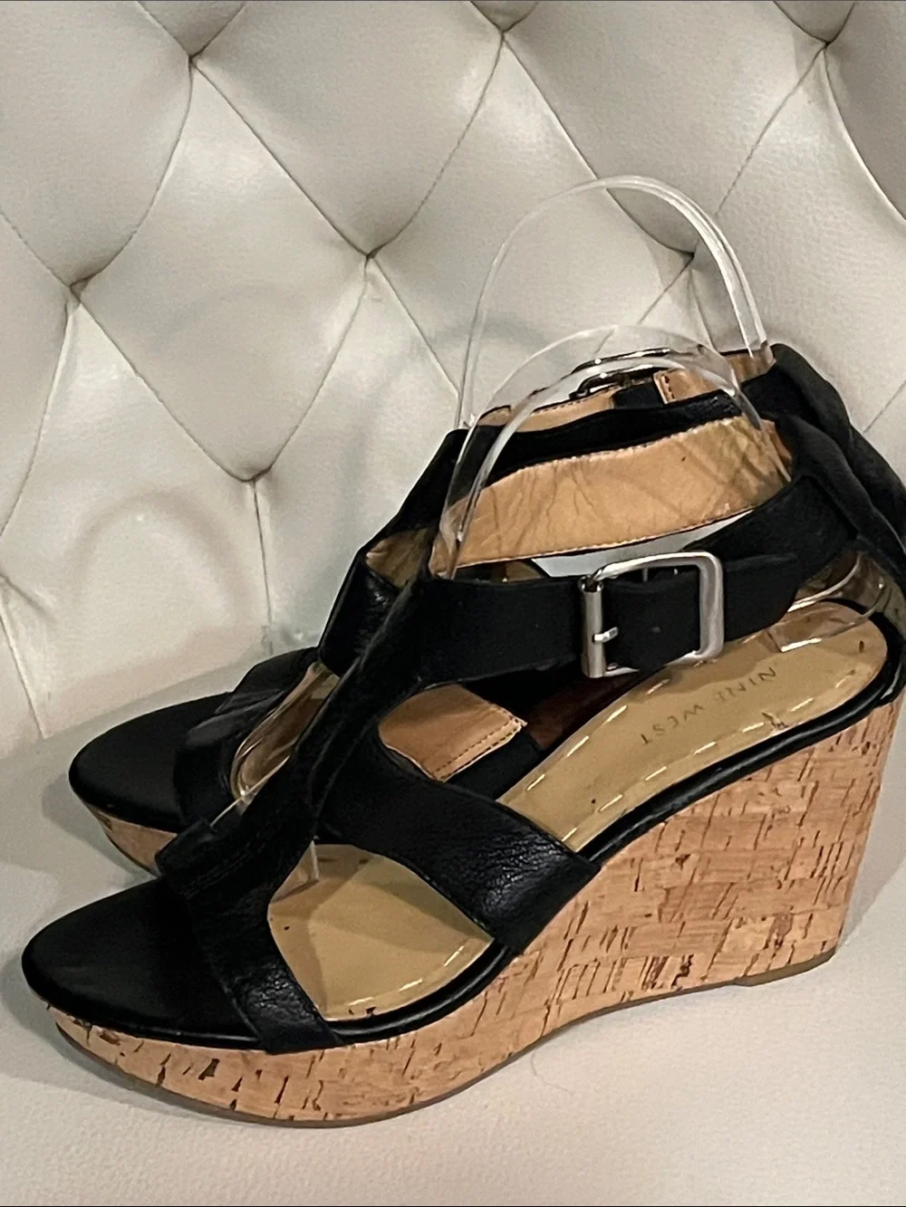 Nine West Black Leather Cork Wedge Sandals Size 8